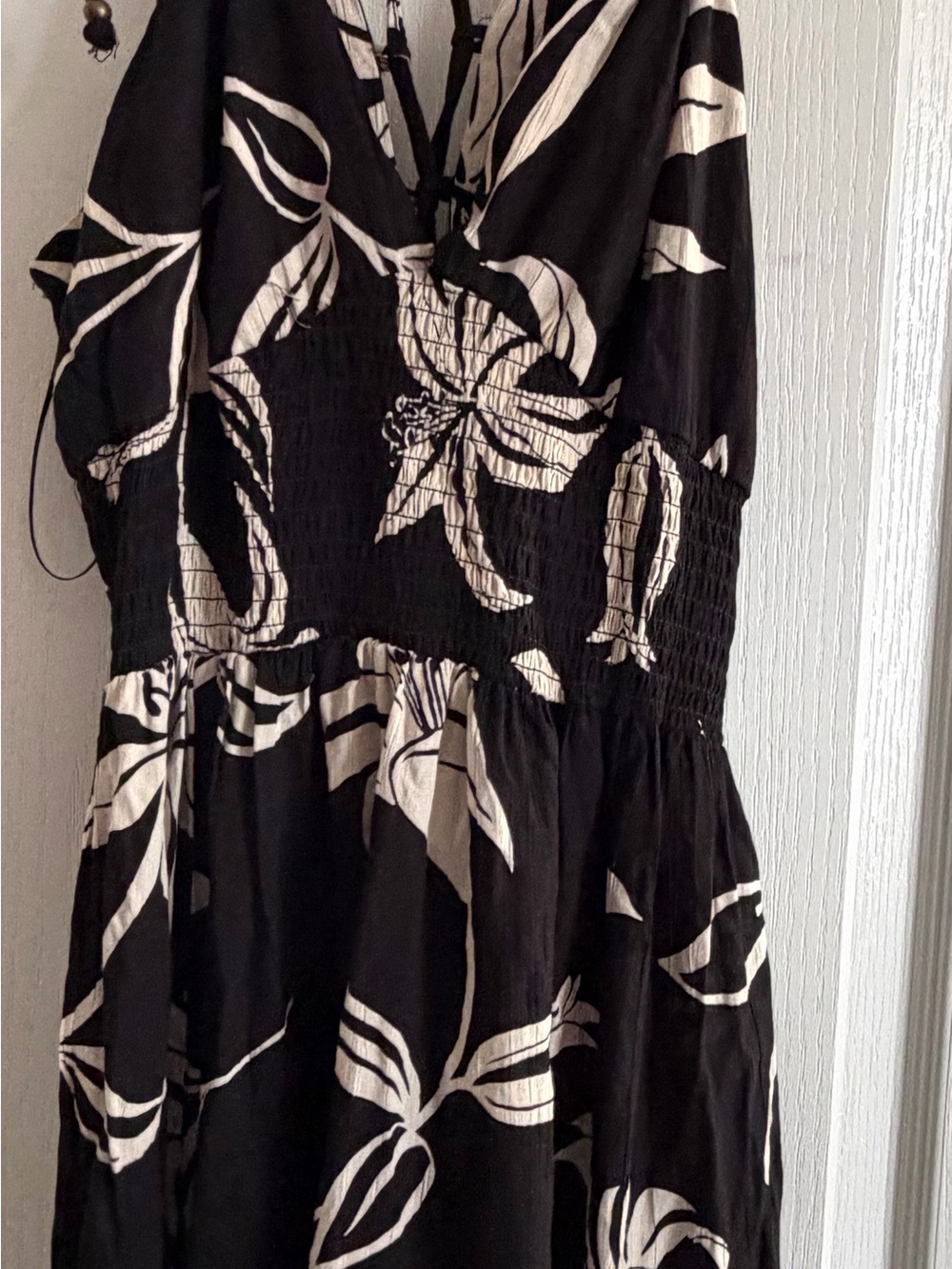 Women’s Black Midi Dress with White Floral Print and Smocked Waist